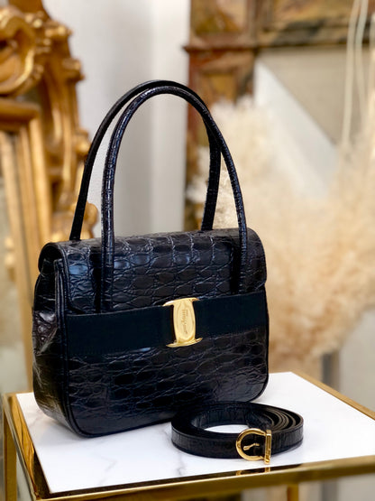 Salvatore Ferragamo Vala 鱷魚壓花單肩包手提包黑色復古舊款 6wktid