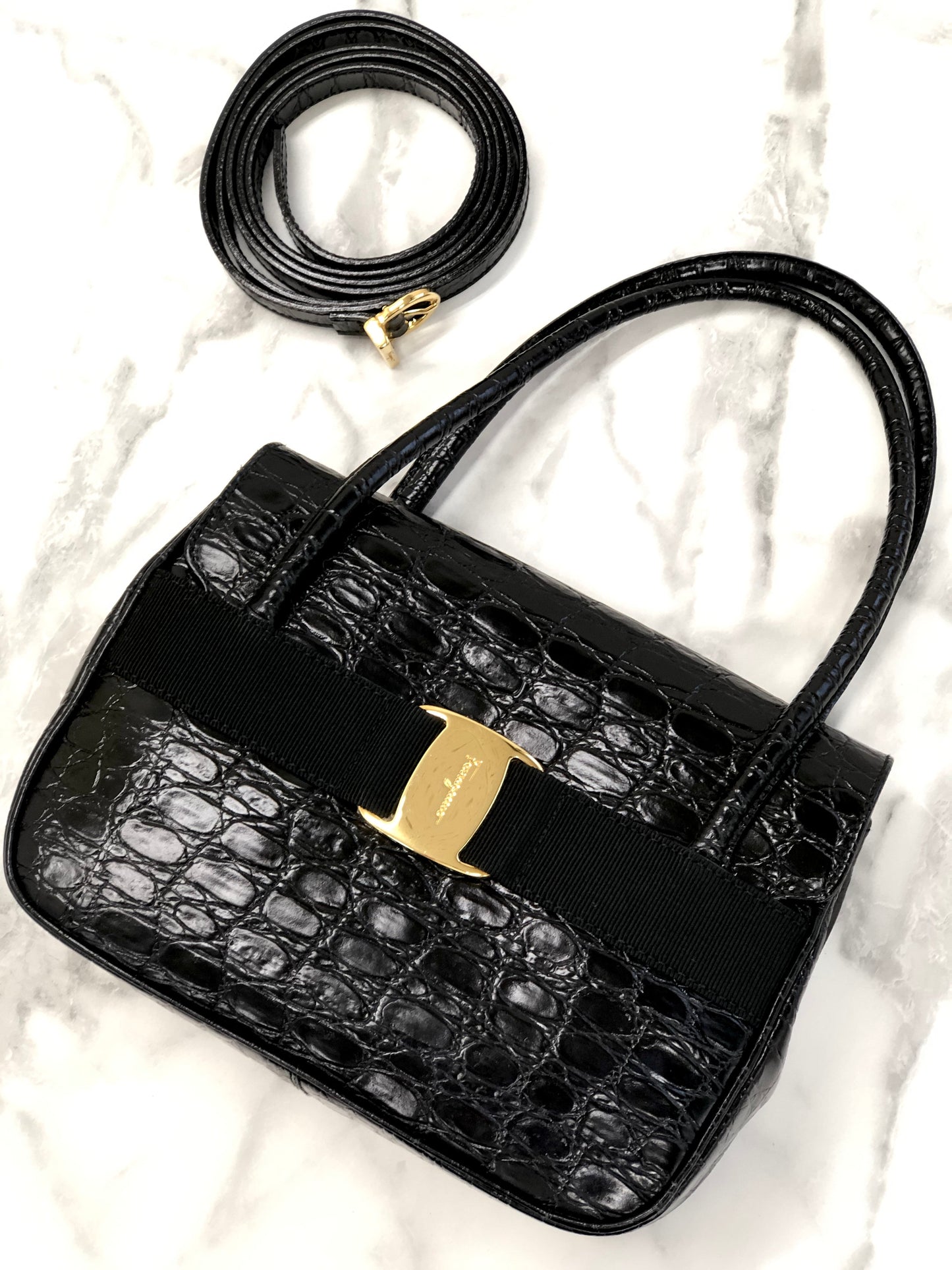 Salvatore Ferragamo Vala Crocodile embossed Shoulderbag Handbag Black Vintage Old 6wktid