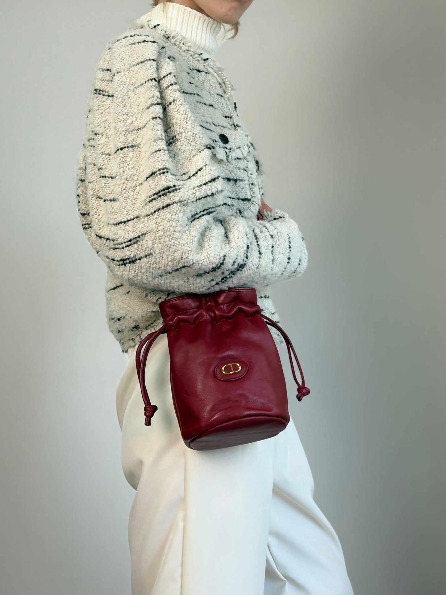 Christian Dior CD Logo Drawstring Shoulder bag Red Vintage smgt7i