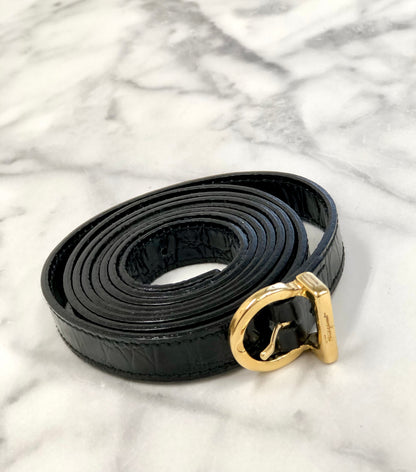 Salvatore Ferragamo Vala 鱷魚壓花單肩包手提包黑色復古舊款 6wktid