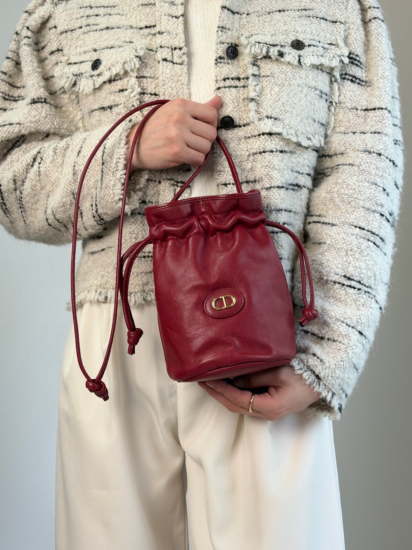 Christian Dior CD Logo Drawstring Shoulder bag Red Vintage smgt7i