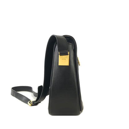 CELINE Front Zippier Flap Leather Shoulder bag Black Vintage Old Celine dbaxwe