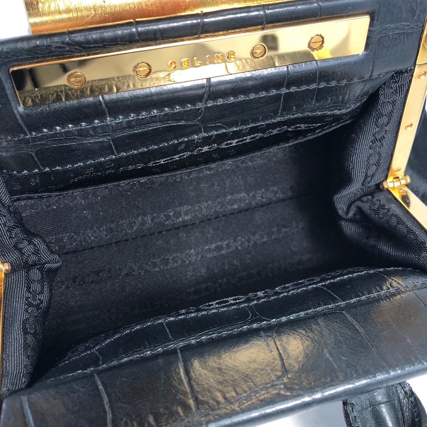 CELINE Triomphe Crocodile embossed Satin Clasp Handbag Black Vintage Old CELINE whwc45