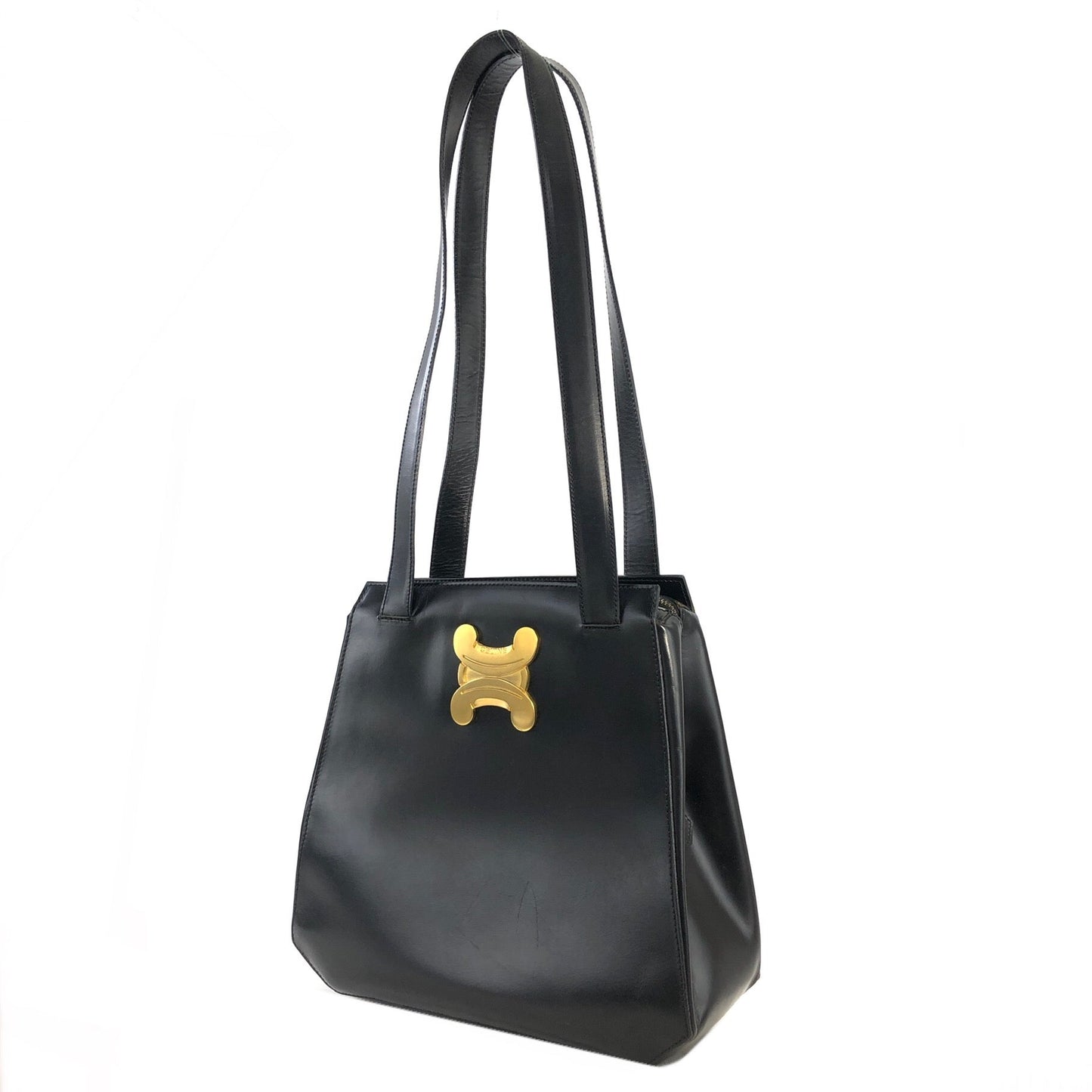 CELINE Triomphe Leather Tote Bag Shoulder bag Black Gold Vintage Old Celine cpfk62