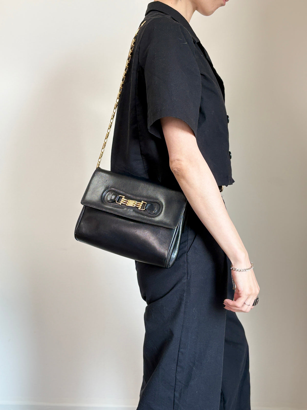 CELINE Blason Horse Bit Chain Shoulder bag Black Vintage zstzja