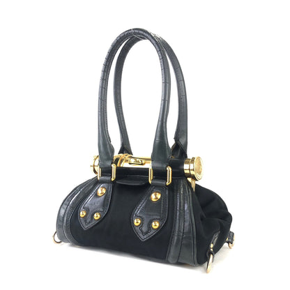 CELINE Triomphe Crocodile embossed Satin Clasp Handbag Black Vintage Old CELINE whwc45