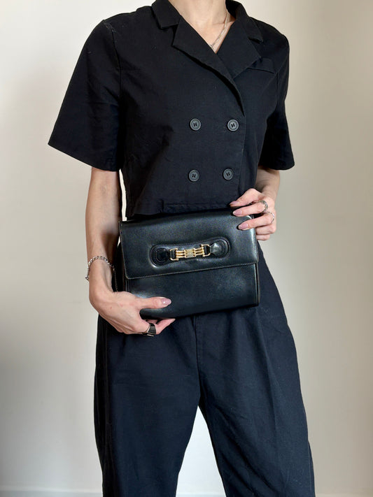 CELINE Blason Horse Bit Chain Shoulder bag Black Vintage zstzja