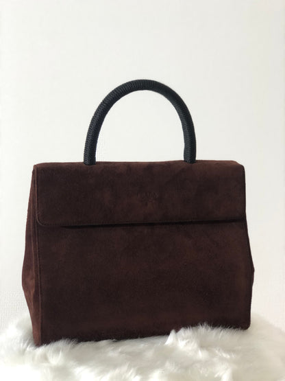 PRADA Embossed logo Suede Handbag Brown Vintage Old zhs7ap
