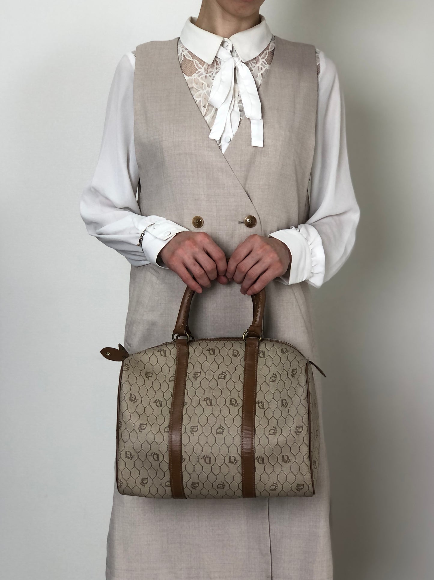 Christian Dior Honeycomb Pattern Handbag Boston bag Beige Vintage y2sxs7