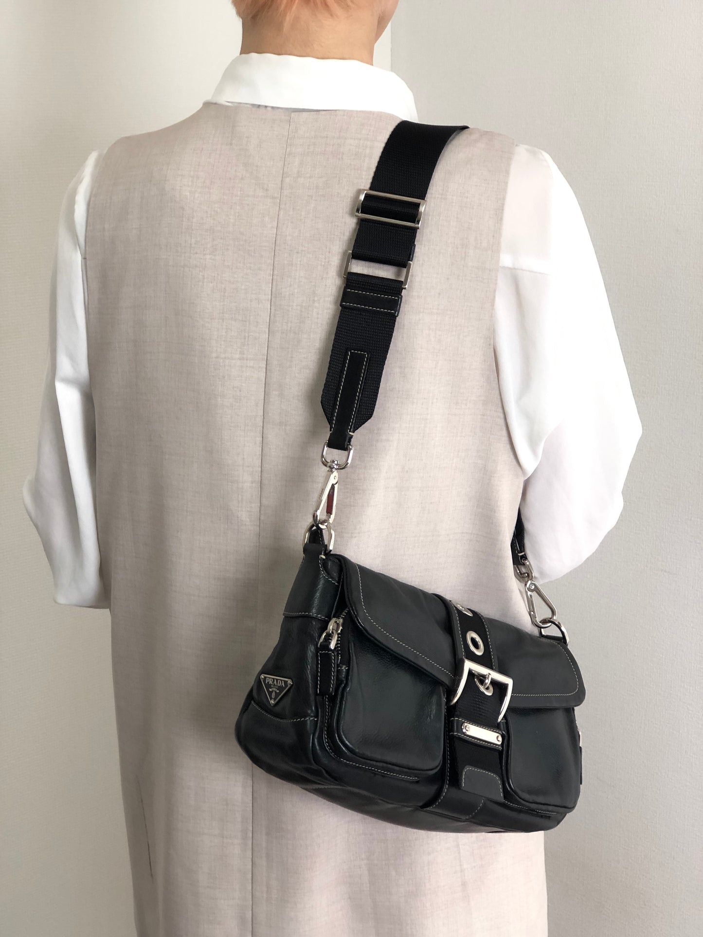 PRADA Triangle Logo Front Buckle Double Pocket Shoulder bag Black Vintage vjewiz