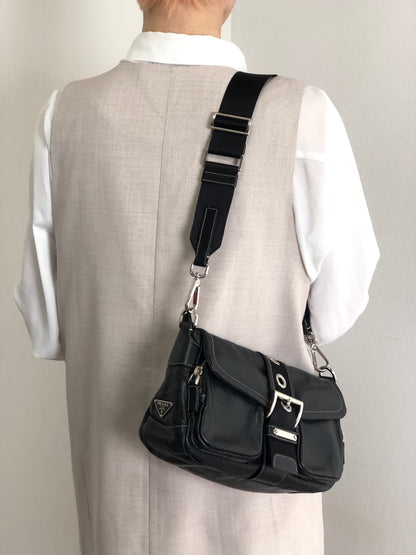 PRADA Triangle Logo Front Buckle Double Pocket Shoulder bag Black Vintage vjewiz