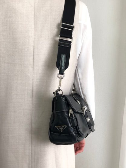 PRADA Triangle Logo Front Buckle Double Pocket Shoulder bag Black Vintage vjewiz
