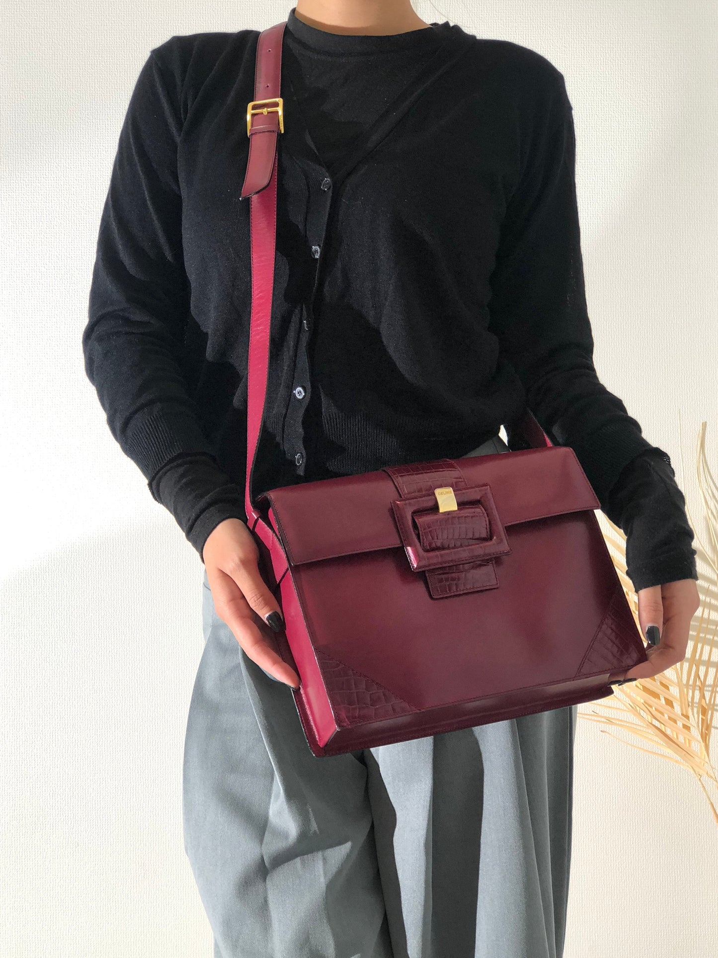 CELINE Front Buckle Crossbody Box Shoulder bag Wine red Vintage Old CELINE wvxw4y