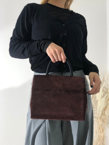 PRADA Embossed logo Suede Handbag Brown Vintage Old zhs7ap