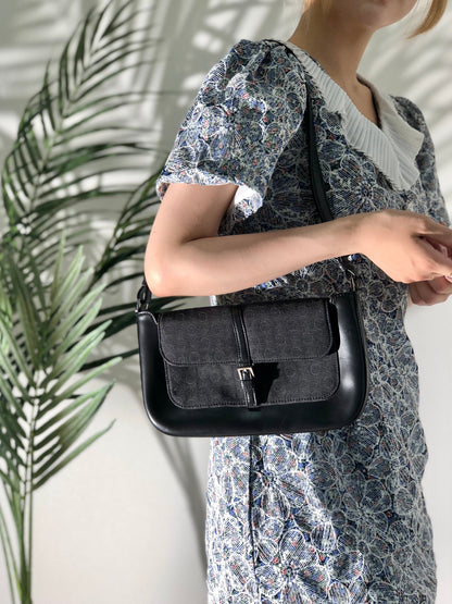 CELINE C Macadam Front buckle Jacquard Shoulder bag Black Vintage Old CELINE t6b3be