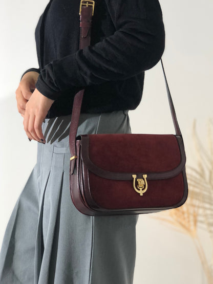 CELINE Triomphe 馬蹄形絨面革單肩包 波爾多紅 復古 舊款 Celine rxbz24