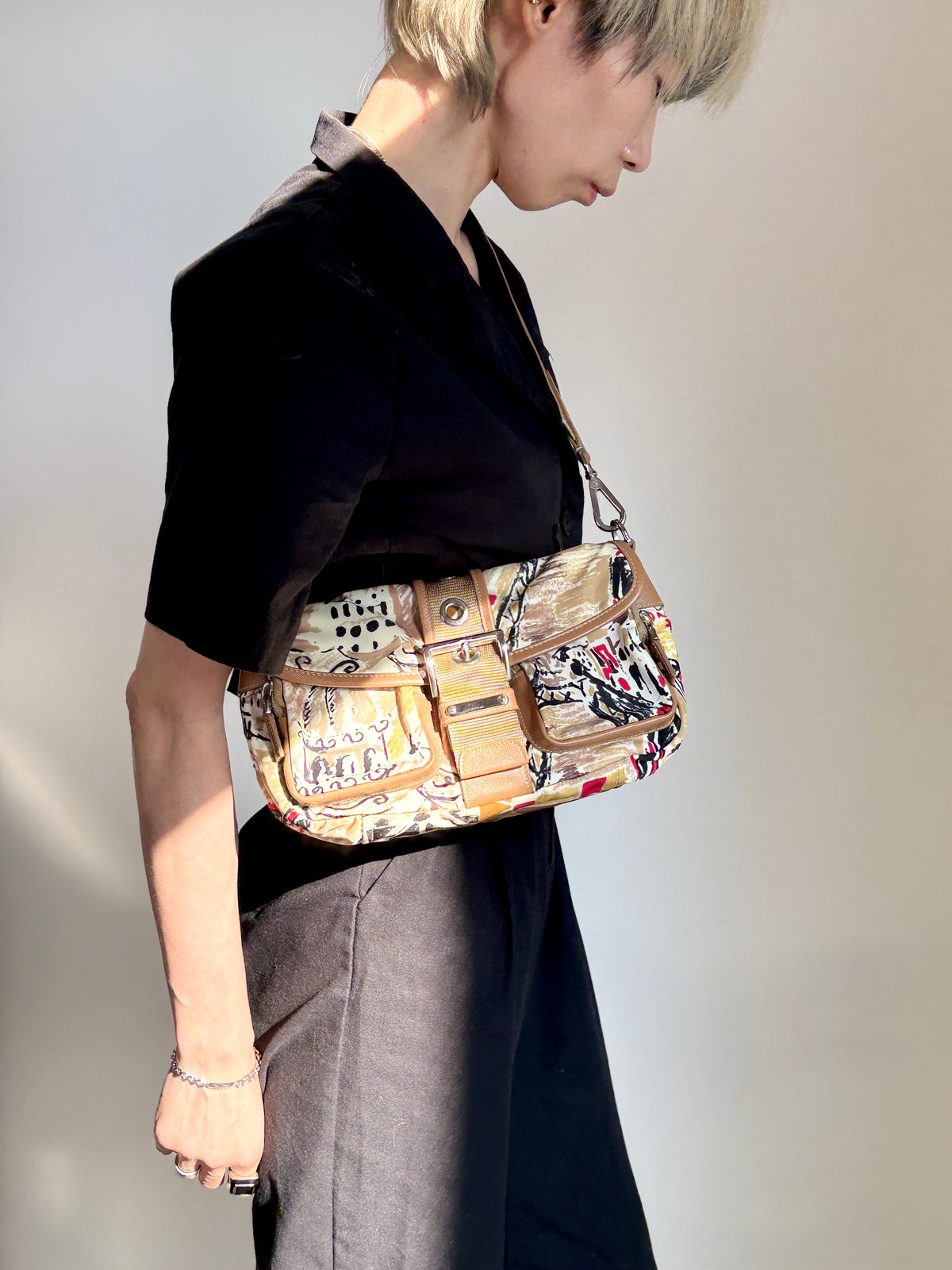 PRADA Front Buckle Shoulder bag White×Brown Vintage z5zzj2