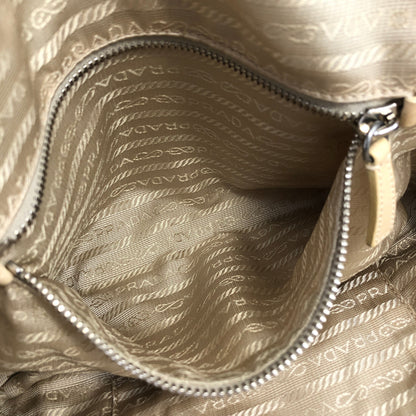PRADA Embossed Logo Leather Boston bag Handbag Beige Vintage Old