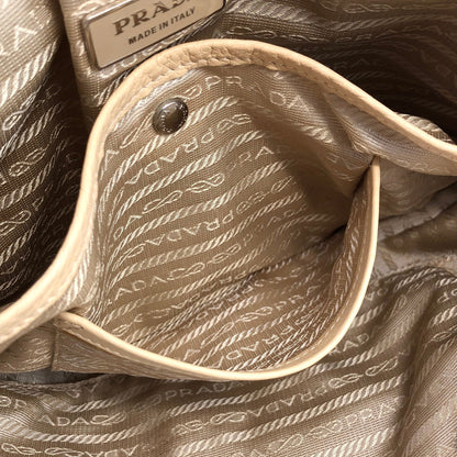 PRADA Embossed Logo Leather Boston bag Handbag Beige Vintage Old