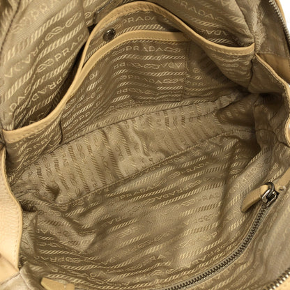 PRADA Embossed Logo Leather Boston bag Handbag Beige Vintage Old