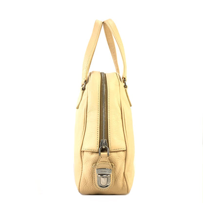 PRADA Embossed Logo Leather Boston bag Handbag Beige Vintage Old