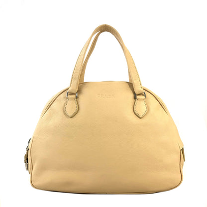 PRADA Embossed Logo Leather Boston bag Handbag Beige Vintage Old