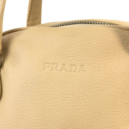 PRADA Embossed Logo Leather Boston bag Handbag Beige Vintage Old