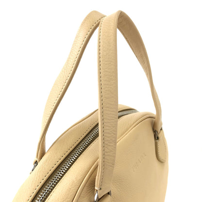 PRADA Embossed Logo Leather Boston bag Handbag Beige Vintage Old