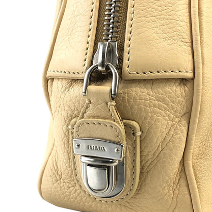 PRADA Embossed Logo Leather Boston bag Handbag Beige Vintage Old