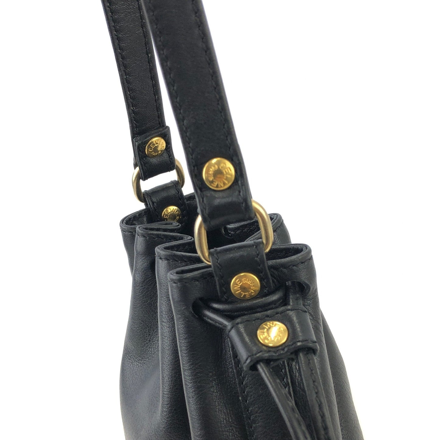 CELINE Drawstring Leather Shoulder bag Black Vintage Old Celine pixvug