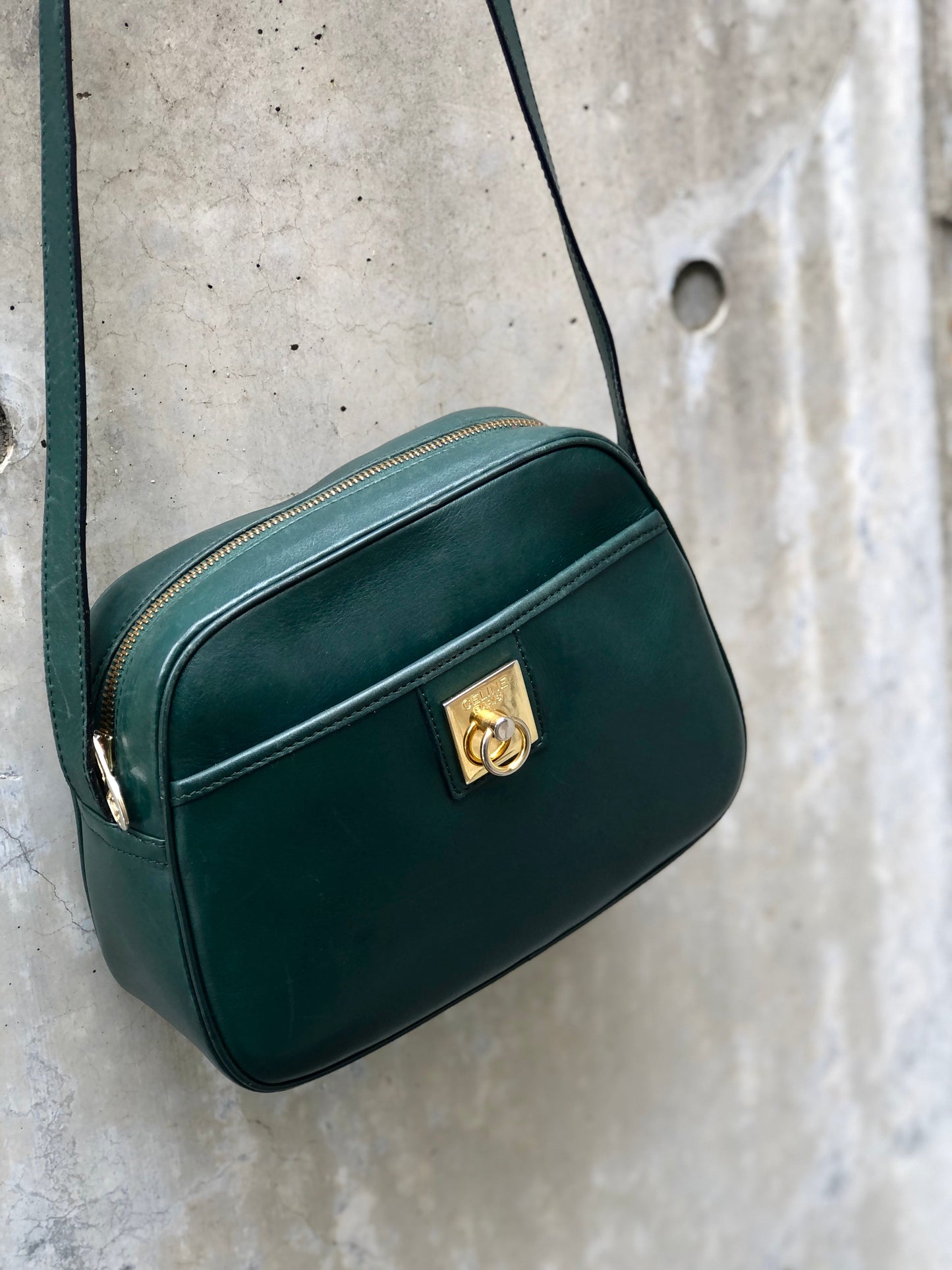 CELINE Gancini Leather Crossbody Shoulderbag Green Vintage Old celine sc877m