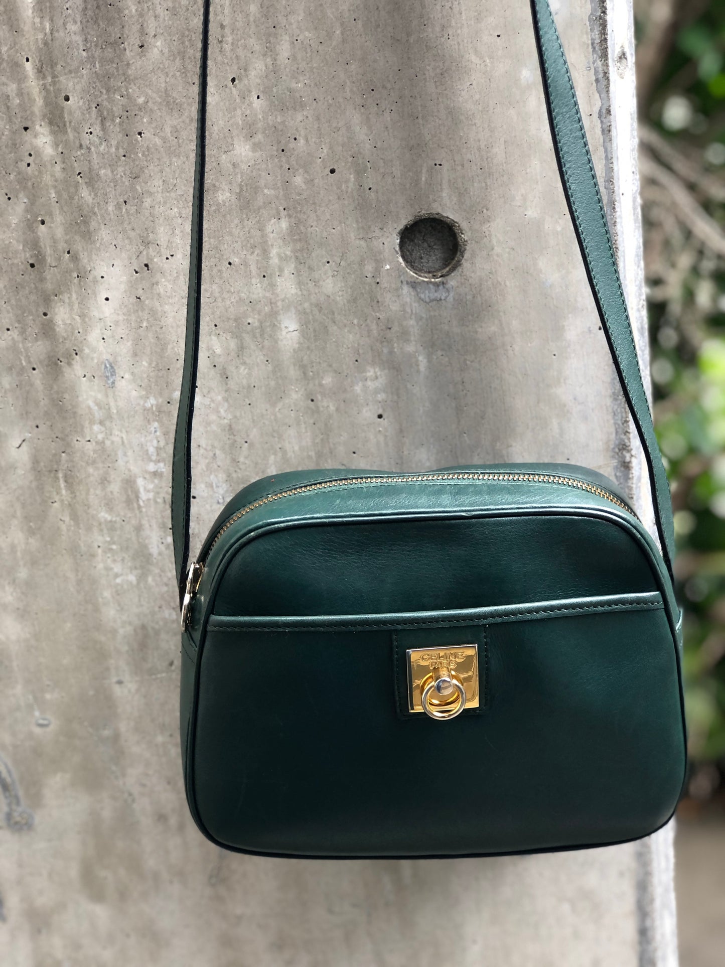 CELINE Gancini Leather Crossbody Shoulderbag Green Vintage Old celine sc877m