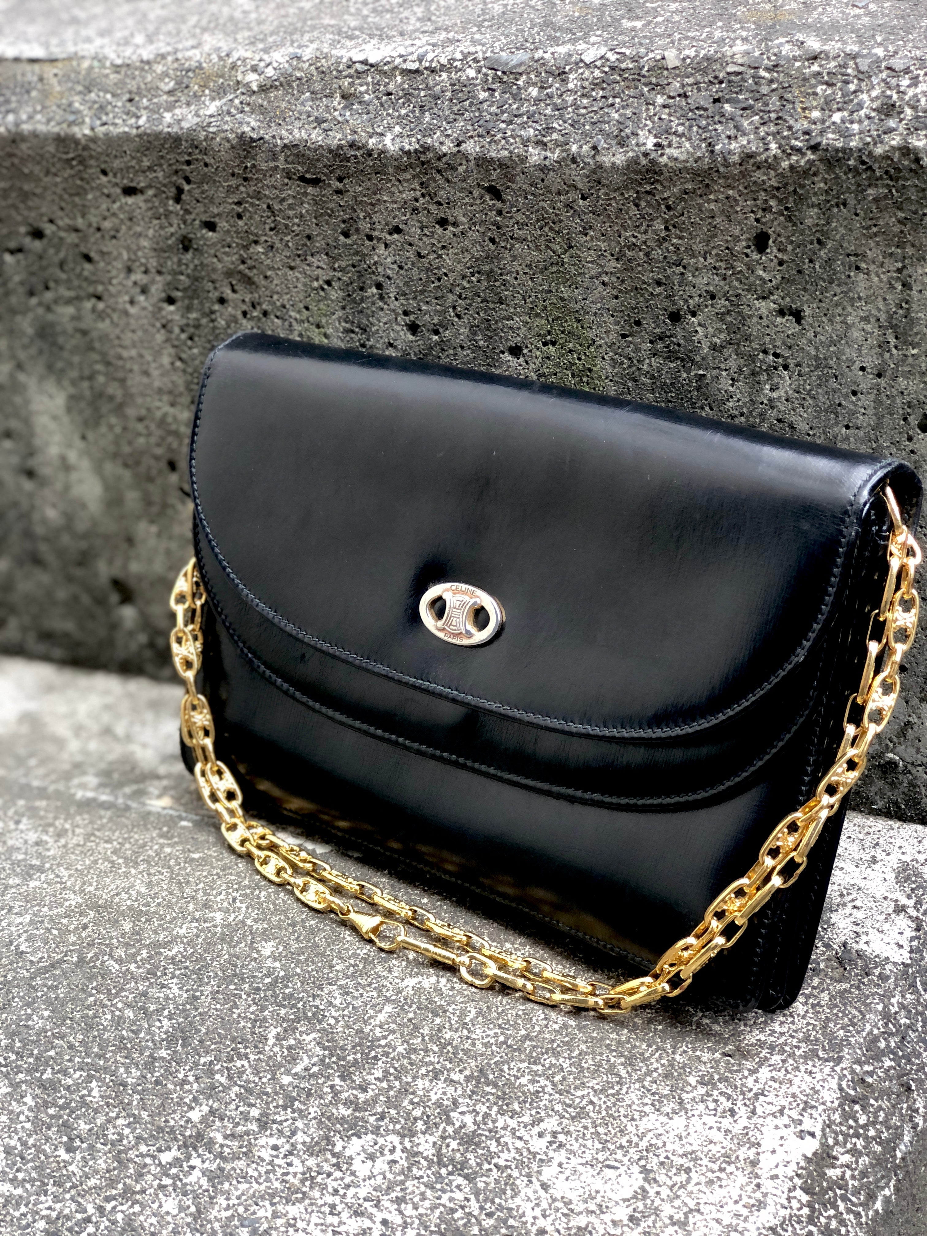 CELINE Blason Triomphe Chain Shoulder Bag Black Old Celine Vintage 