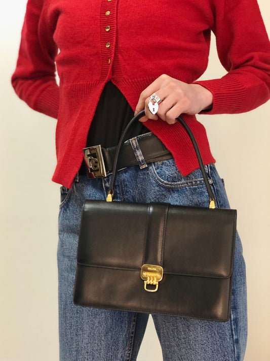CELINE Horse Bit Top Handle Handbag Black Vintage 68wnsk