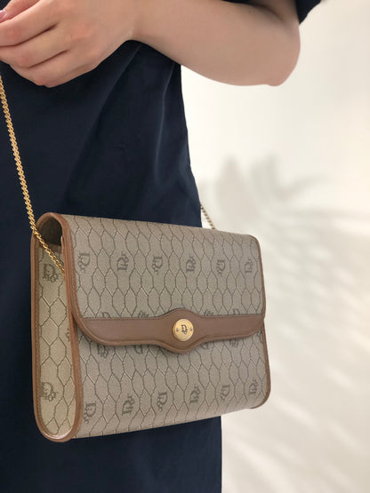 Christian Dior Logo Honeycomb Pattern Chain Crossbody Shoulderbag Beige Vintage Old vybvdv