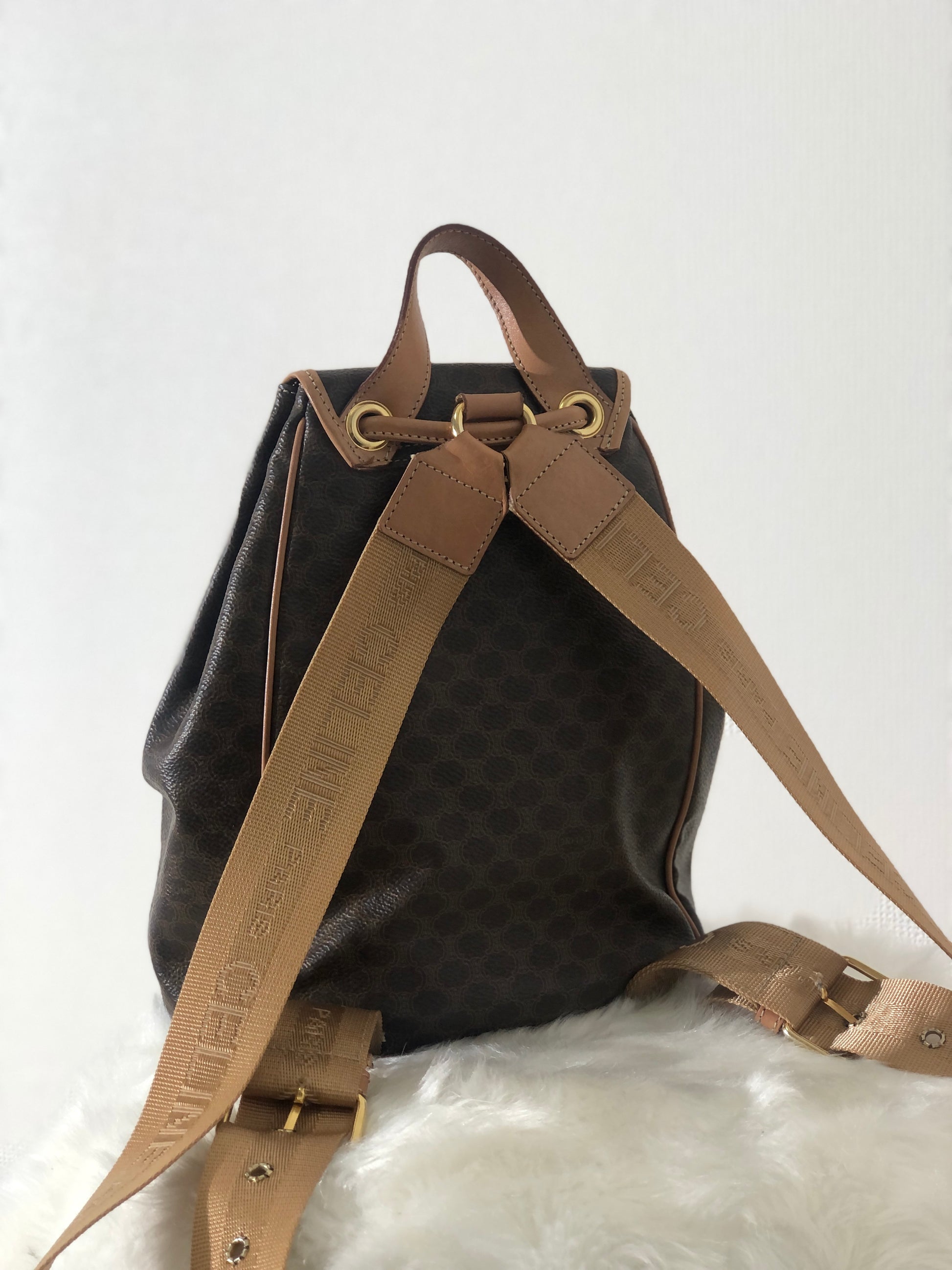 CELINE Macadam Gancini Logo Motif Leather Backpack Brown Vintage hcykd