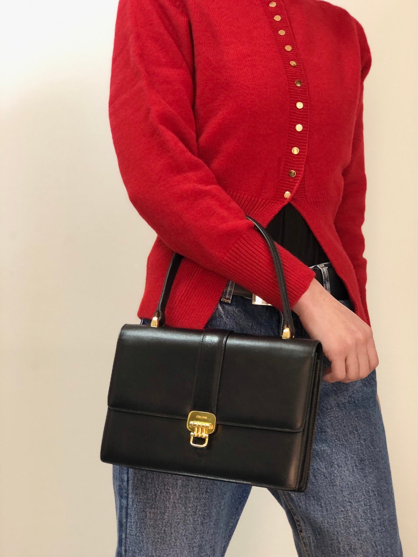 CELINE Horse Bit Top Handle Handbag Black Vintage 68wnsk