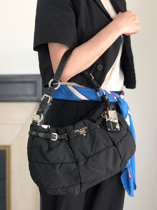 PRADA Logo Shoulder bag Hobobag Black Vintage kut77d