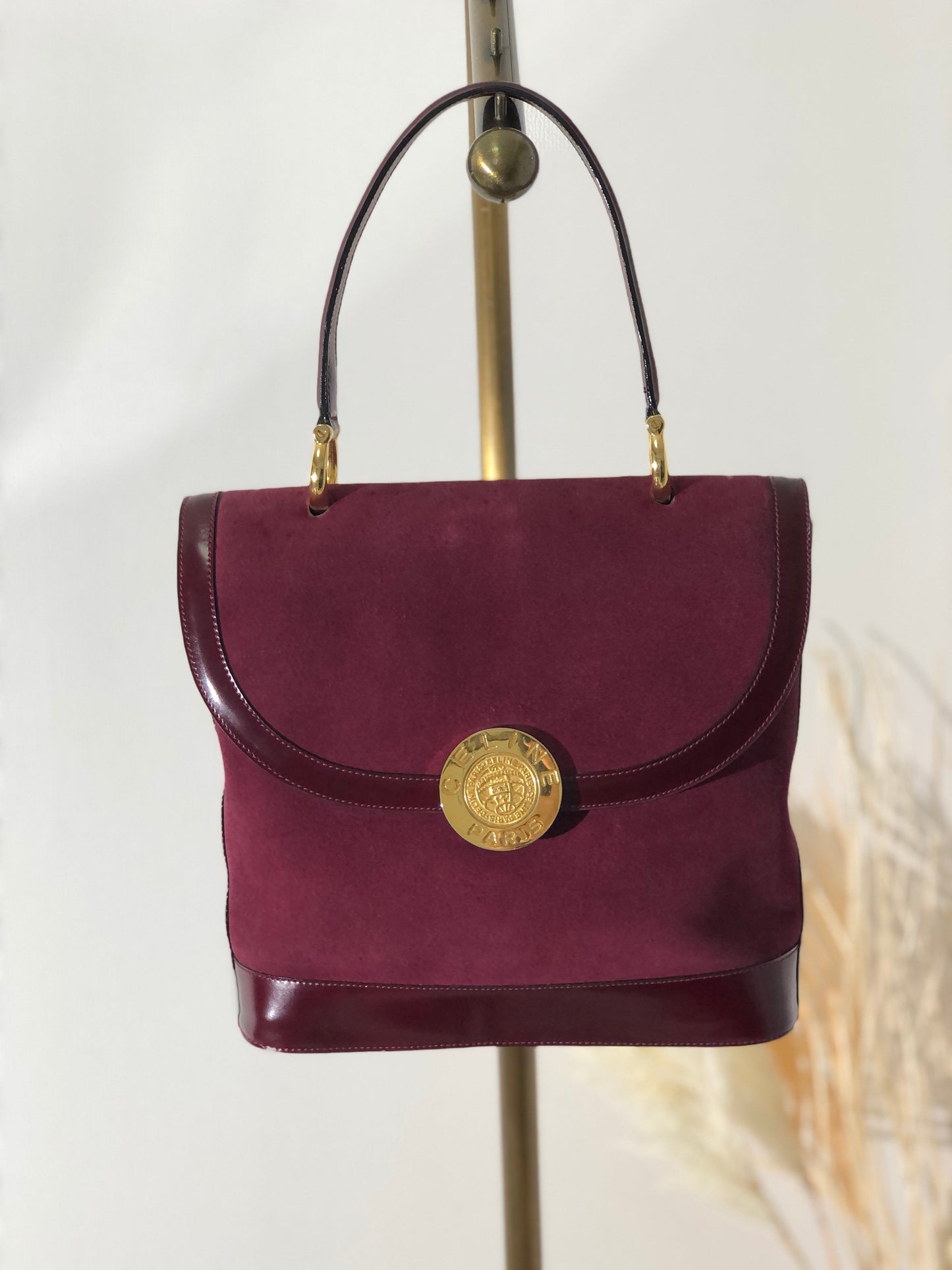 CELINE medal motif suede handbag Bordeaux vintage old Celine jijb28