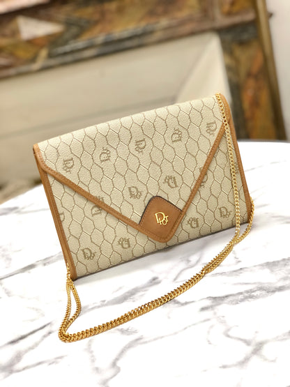 Christian Dior 標誌蜂巢圖案鏈條斜背包 米色復古舊款 4zic2c