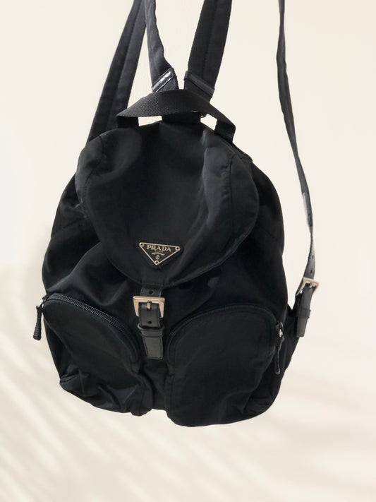 PRADA Triangle logo Double pocket Nylon Leather Backpack Black Vintage jkybnd