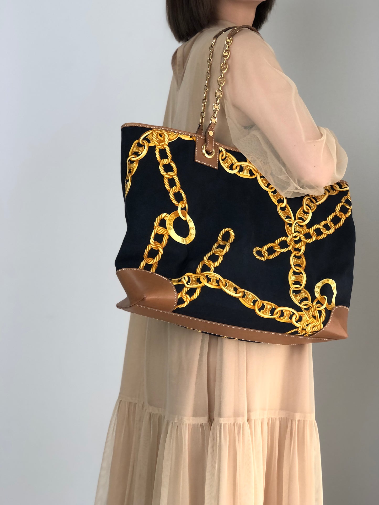 CELINE Blason Chain Shoulder bag Totebag Black Vintage vskgie