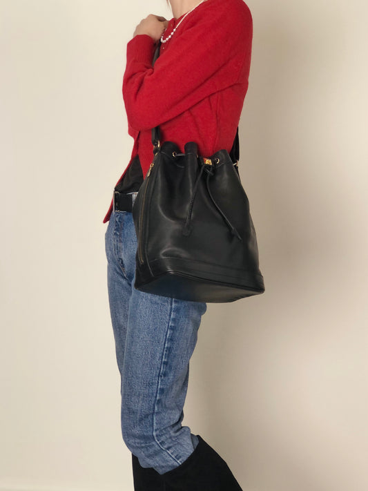 CELINE Gancini Drawstring Shoulder bag Black Vintage 4g3rt5