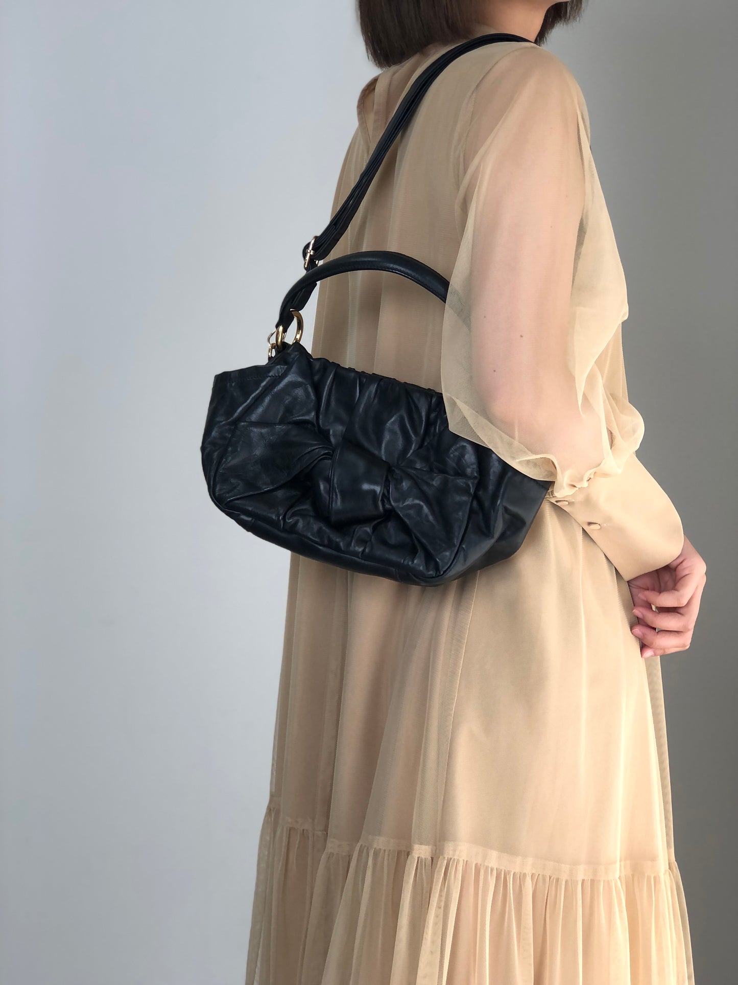 PRADA Triangle Logo Ribbon Motif Handbag Black Vintage a73fym
