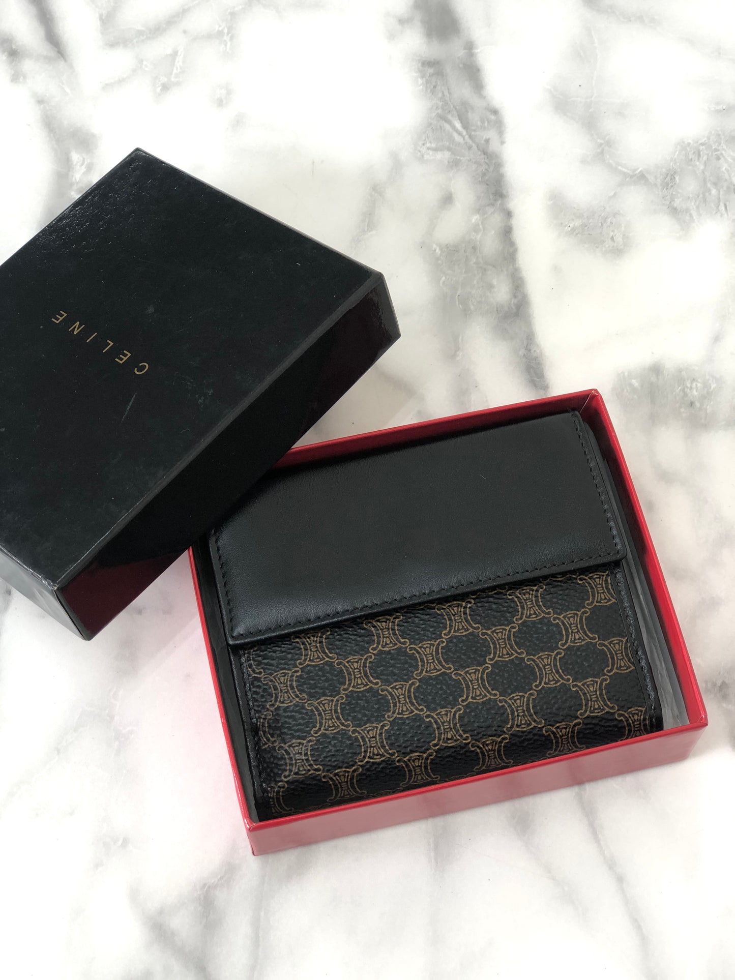 CELINE Macadam Leather Folded Wallet Black Vintage tubzev