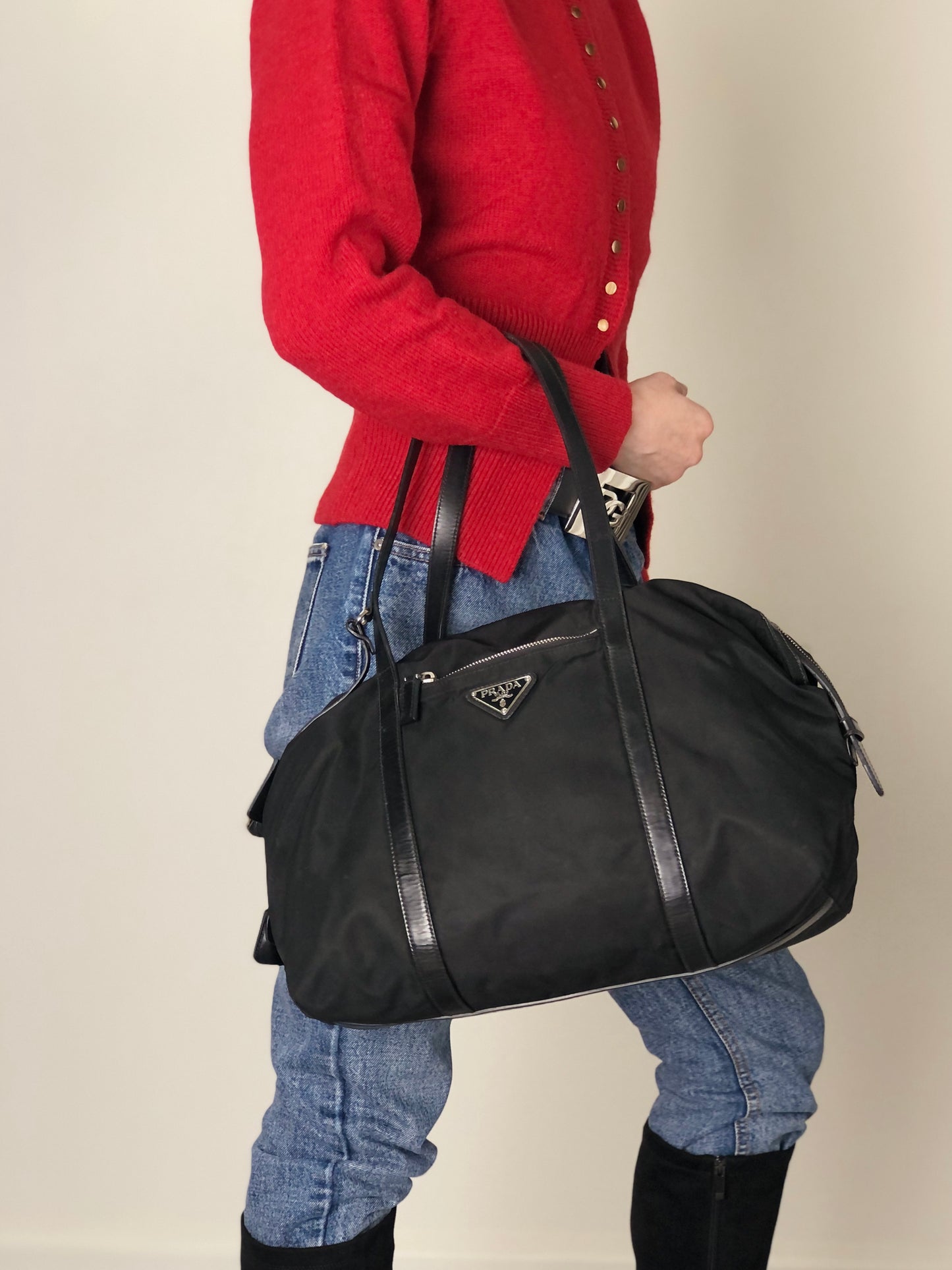 PRADA Tessuto Triangle Logo Padlock Totebag Black Vintage cfbs7r