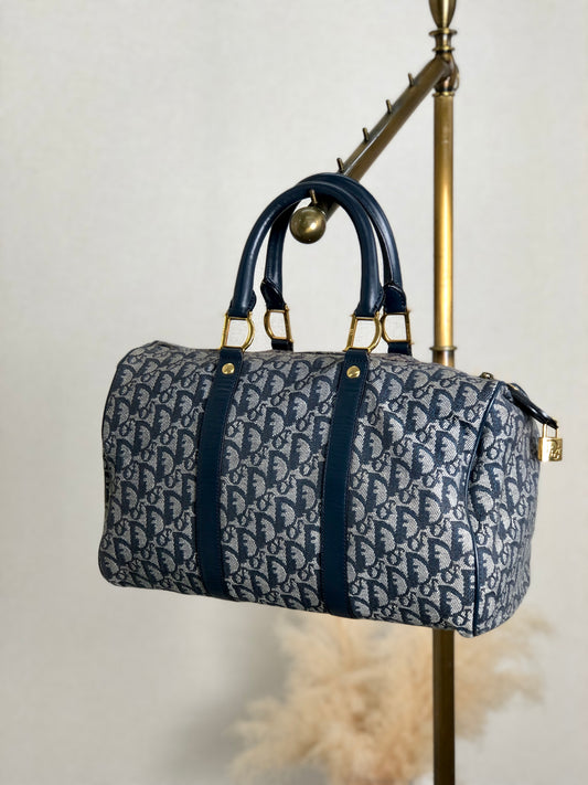 Christian Dior Trotter Padlock Jacquard Leather Handbag Boston bag Navy Vintage z48ubd