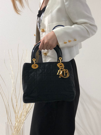 Christian Dior Lady Dior Canage Enamel Leather 2way Shoulder Bag Black Vintage Old f6njne