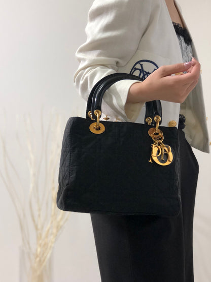Christian Dior Lady Dior Canage Enamel Leather 2way Shoulder Bag Black Vintage Old f6njne