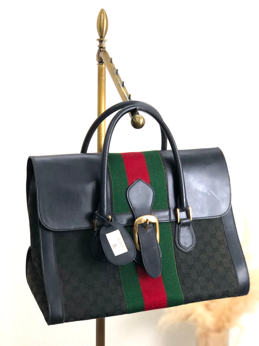 GUCCI Sherry Line Canvas x Leather Boston Bag Handbag Black Vintage Old vuviex